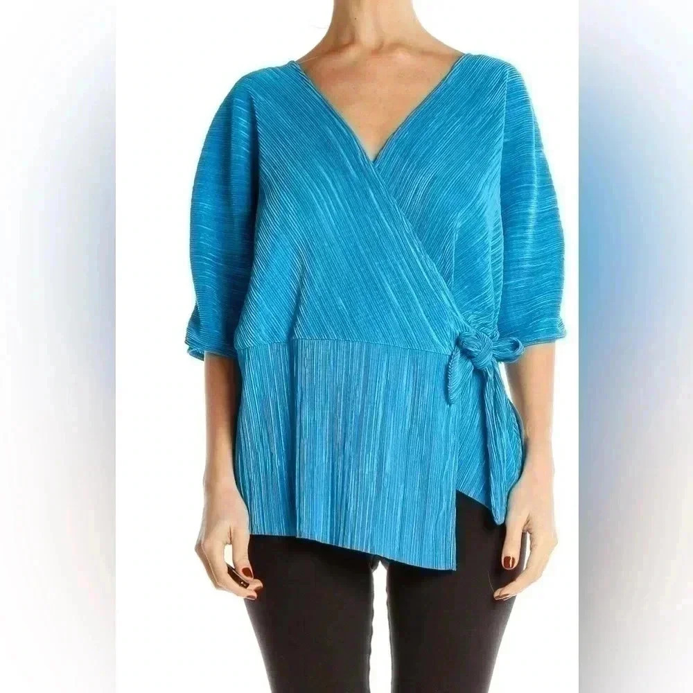 Halogen Blue Textured Wrap Blouse  Polyester Size Medium